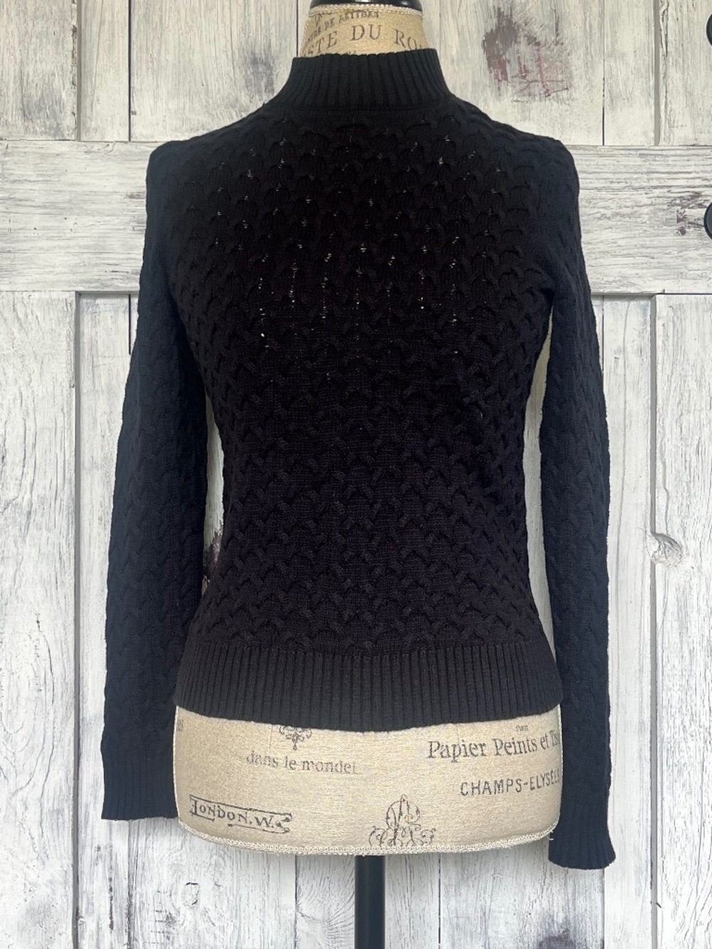Studio Works-Petite-Women's-Black-Cable Knit-Mock Turtleneck Sweater-Size PM